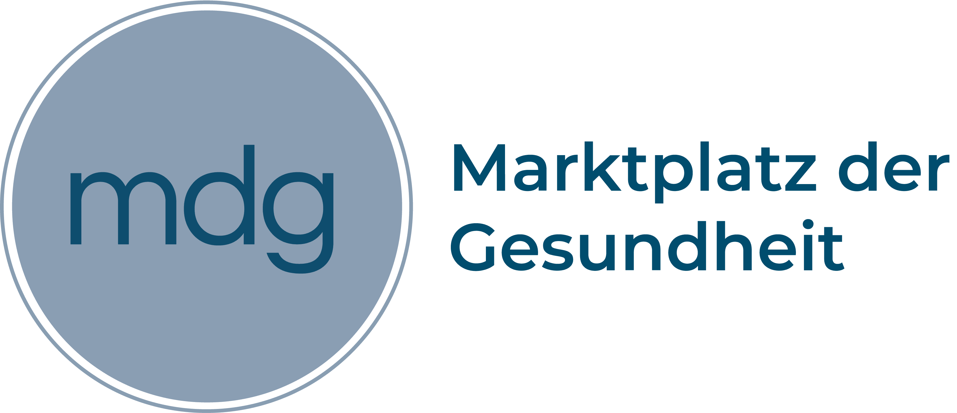 "mdg-Logo mit blauem Kreis, Text 'Marktplatz der Gesundheit' in dunkelblauer Schrift."